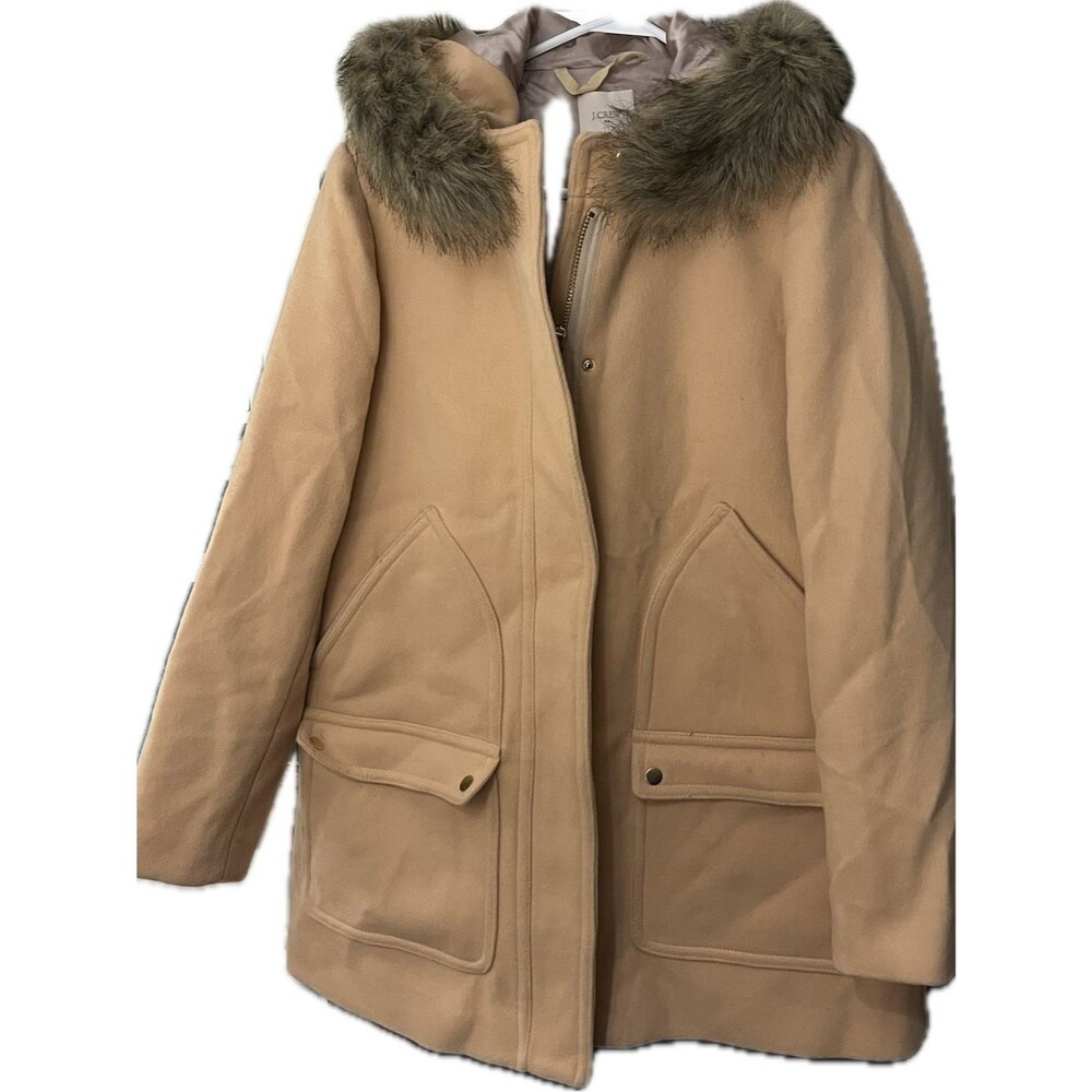 J. Crew Camel Peach Hooded Wool-Blend Coat with Faux-Fur Trim size 12 - Picture 2 of 5